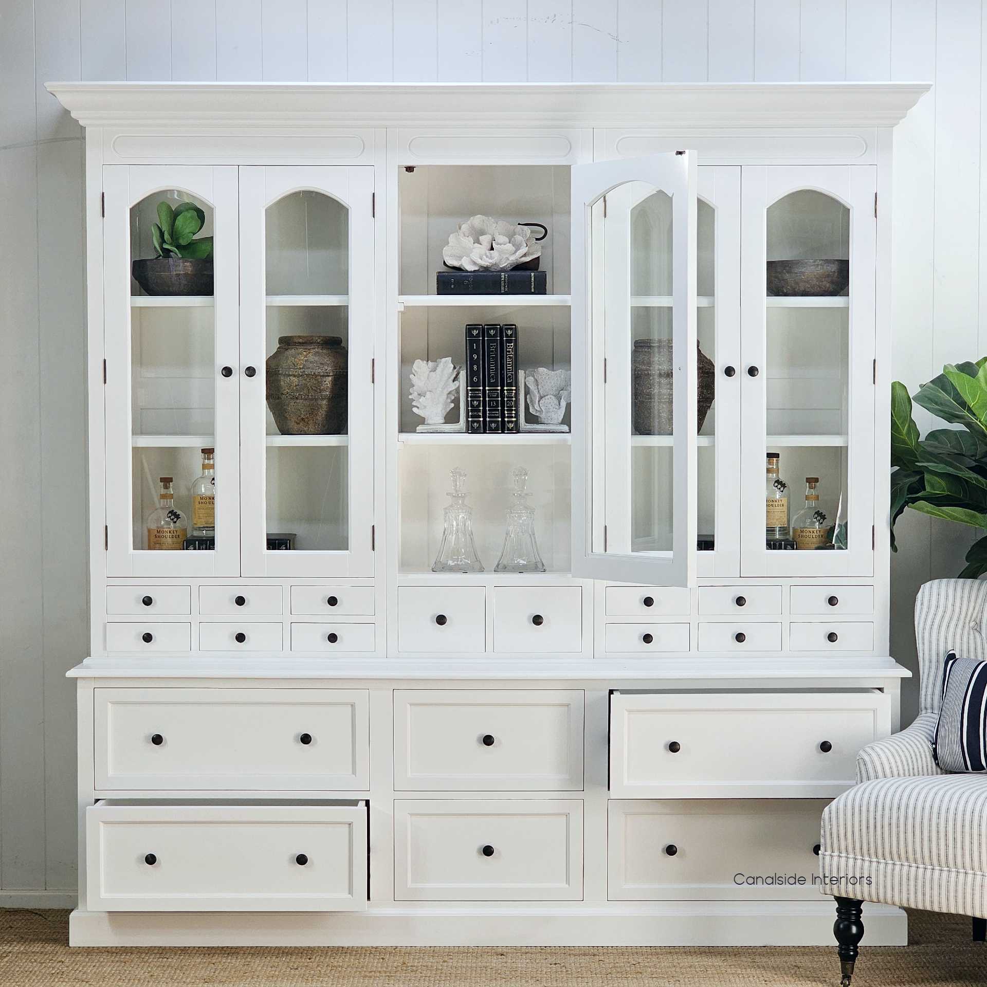 Drawers and glass doors open, revealing the internal layout of the unit and overall practicality