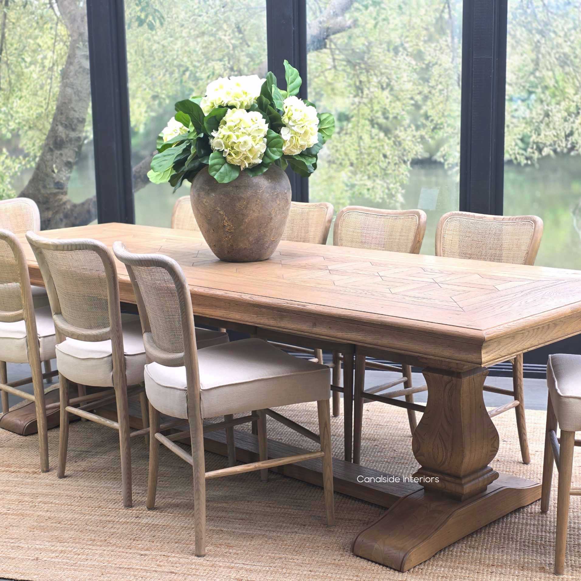 Chesterton Oak Parquetry Dining Table ready for a grand dinner setting.