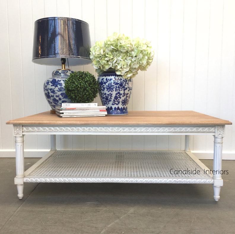 Hamptons Rattan Coffee Table White Limewash Top Canalside Interiors