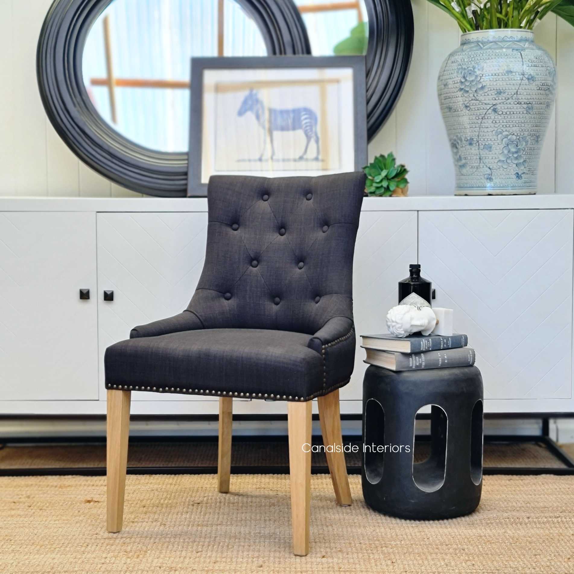 Bennet Button Back Upholstered Dining Chair Black Charcoal  FRENCH  FURNITURE, CHAIRS, HAMPTONS Style, PLANTATION Style, CHAIRS Dining