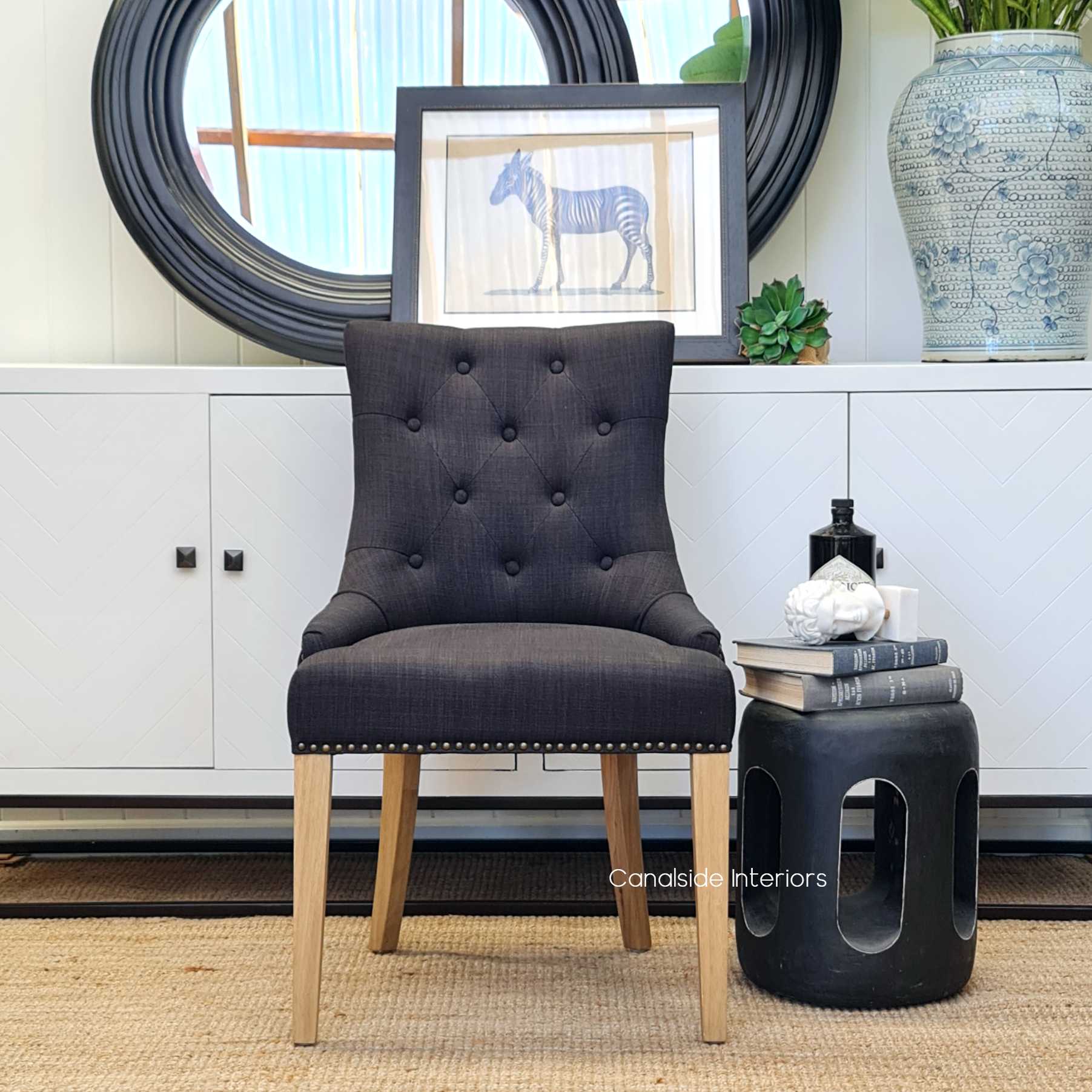 Bennet Button Back Upholstered Dining Chair Black Charcoal  FRENCH  FURNITURE, CHAIRS, HAMPTONS Style, PLANTATION Style, CHAIRS Dining