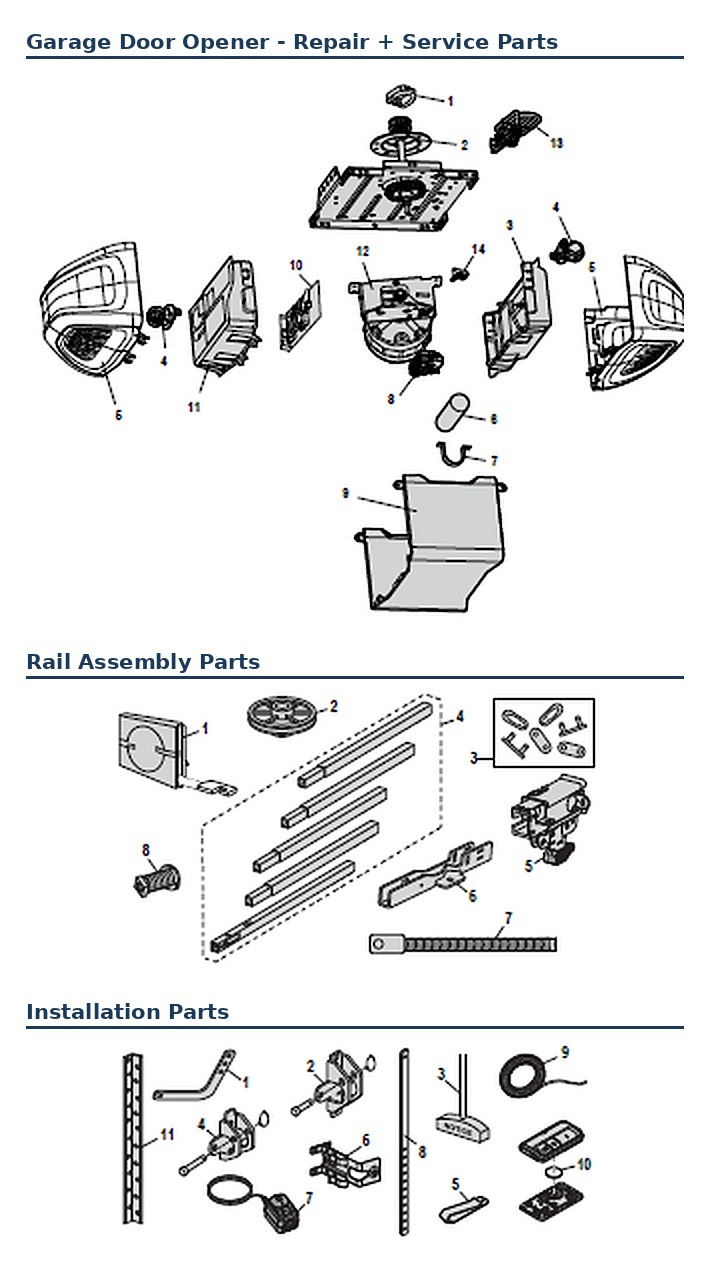 Chamberlain B500, B503, B510, B550 and B552 belt drive garage door opener replacement parts diagram
