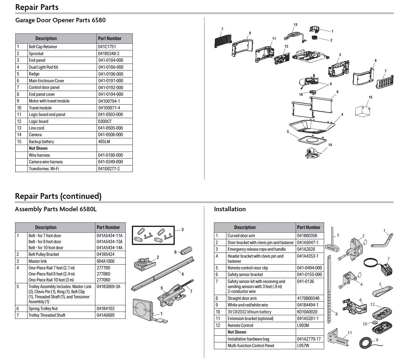 LiftMaster 6580 replacement parts diagram with part numbers