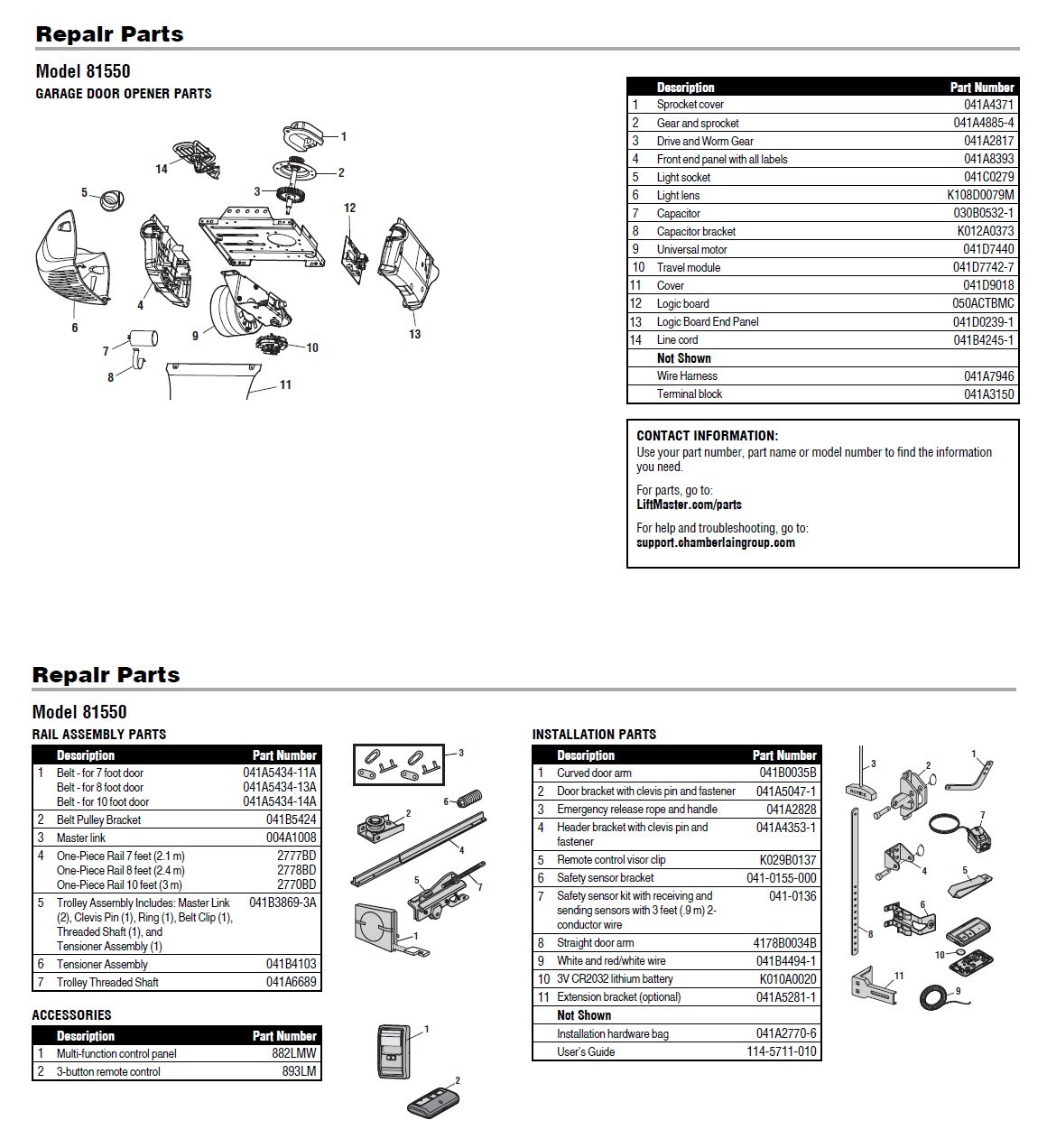 LiftMaster 81550 replacement parts diagram with part numbers