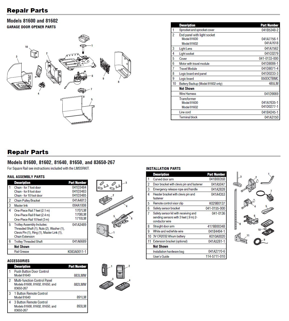 LiftMaster 81600 replacement parts diagram with part numbers