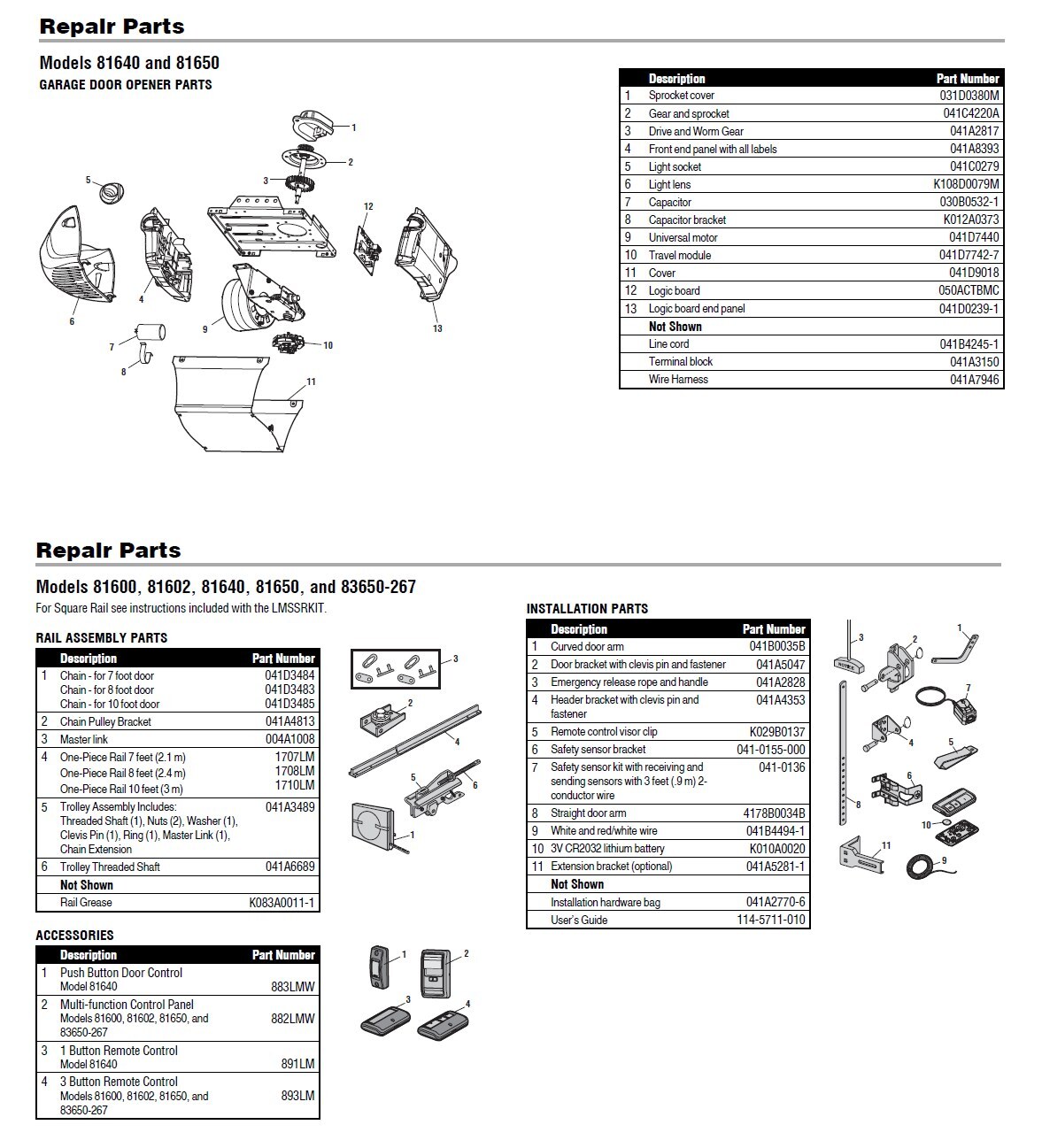 LiftMaster 81650 replacement parts diagram with part numbers
