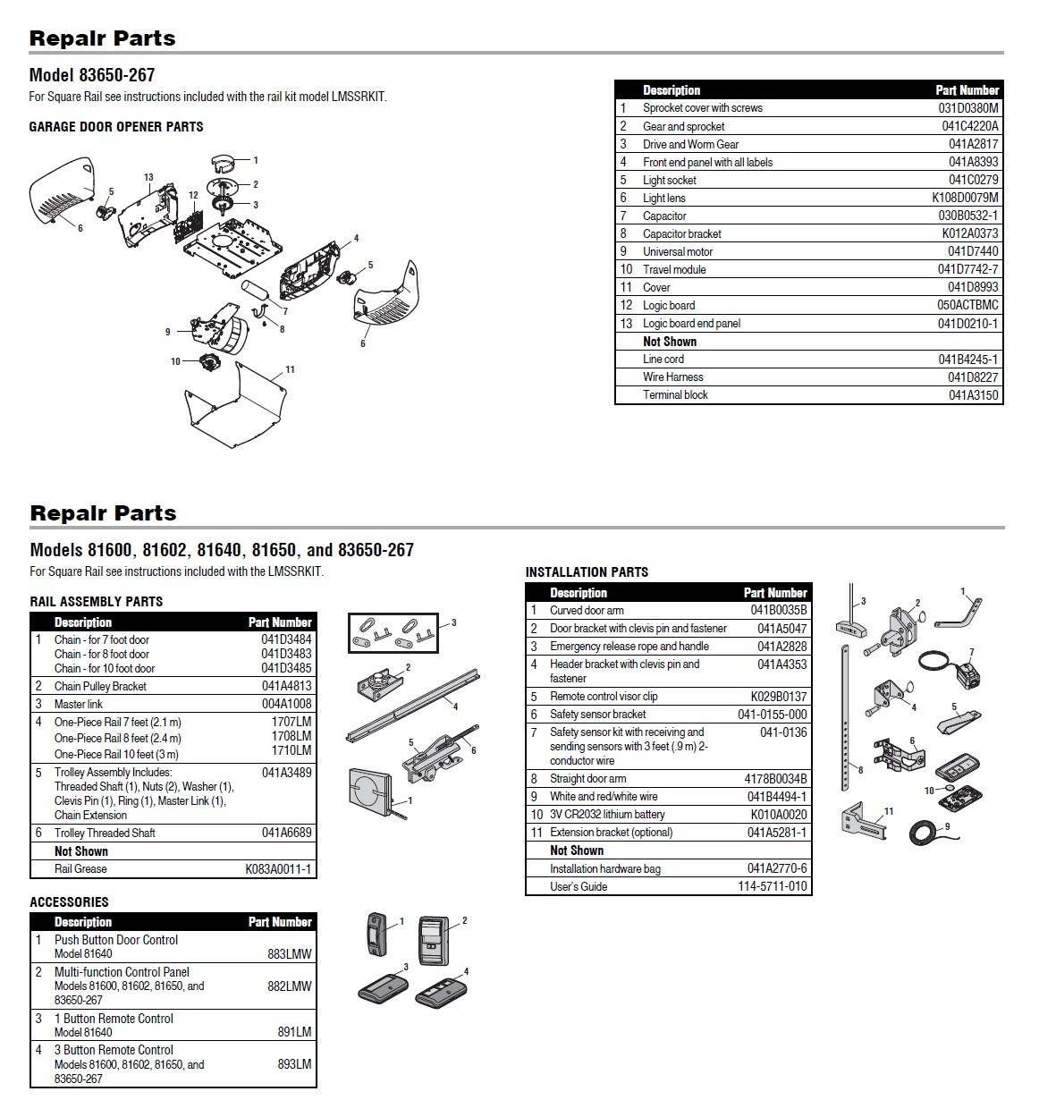 LiftMaster 83650-267 replacement parts diagram with part numbers