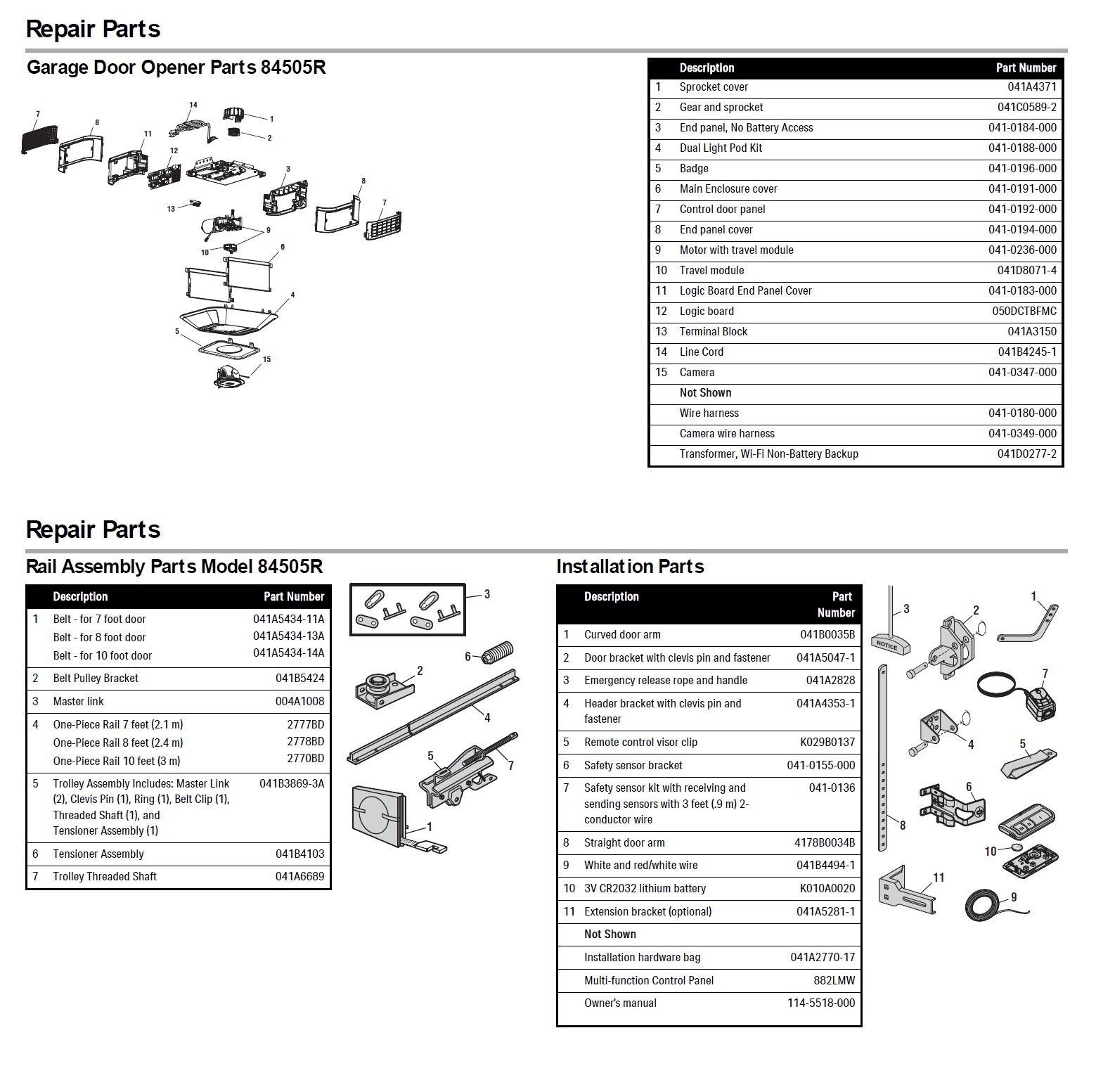 LiftMaster 84505R replacement parts diagram with part numbers
