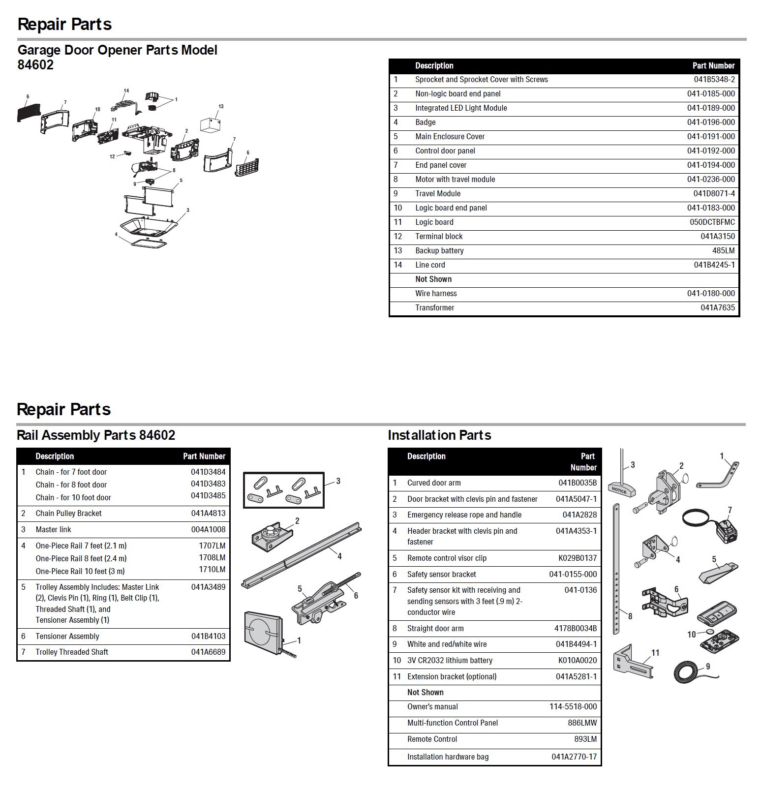 LiftMaster 84602 replacement parts diagram with part numbers