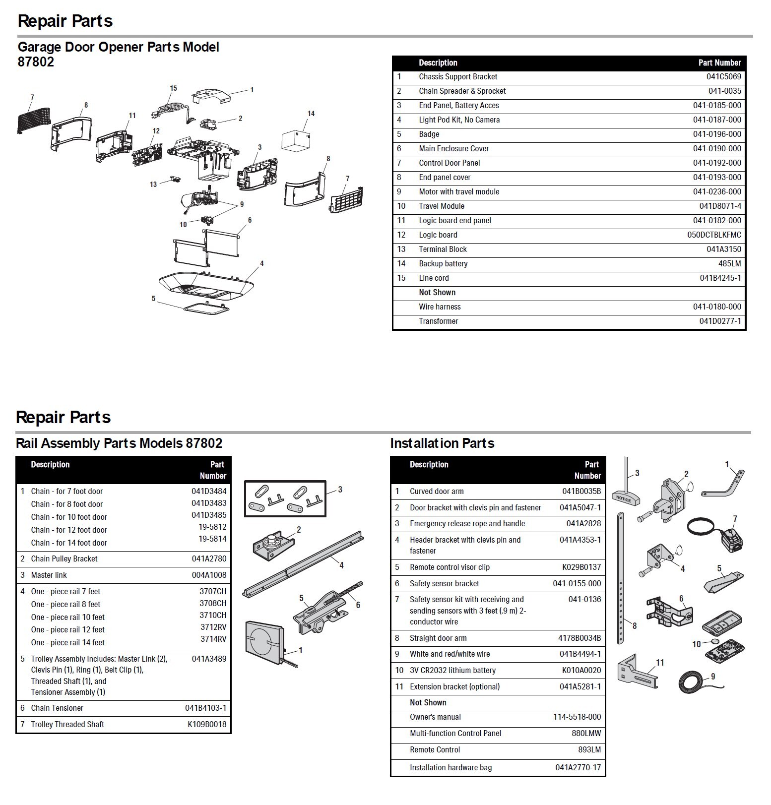 LiftMaster 87802 replacement parts diagram with part numbers
