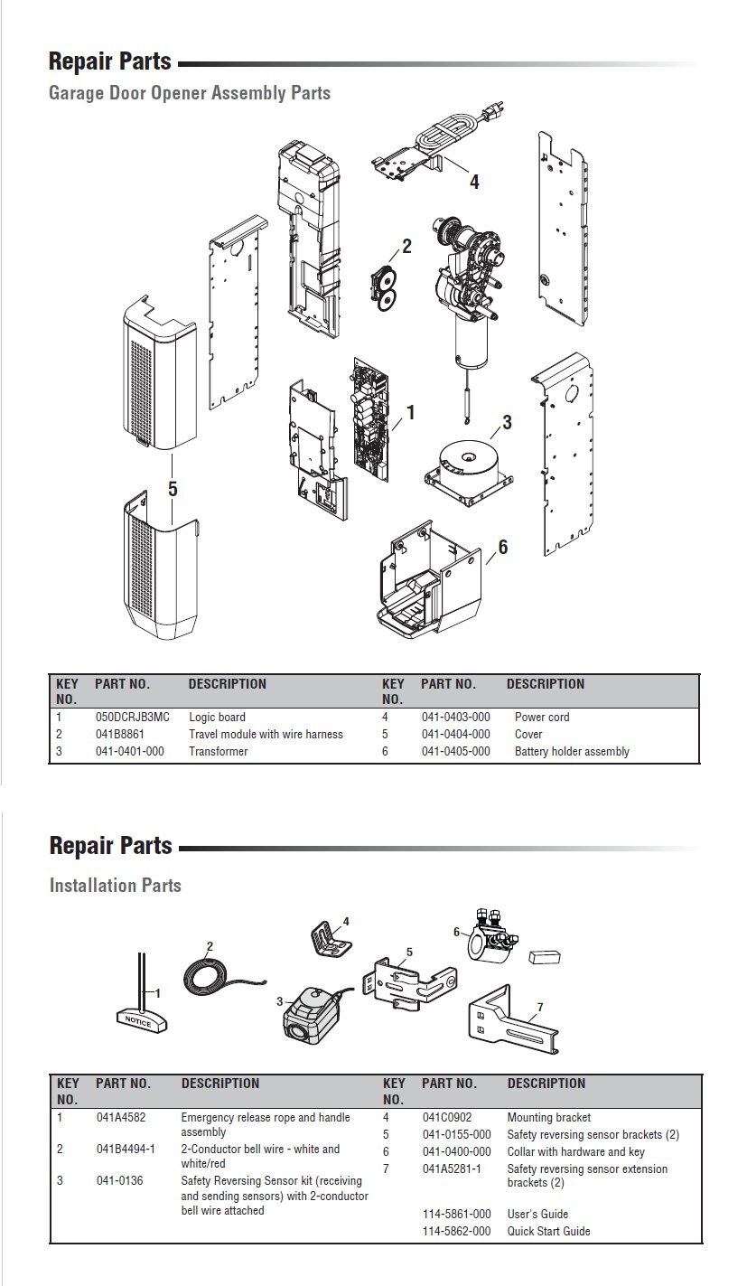 LiftMaster 98032 replacement parts diagram with part numbers &mdash; assembly parts (050DCRJB3MC logic board, 041B8861 travel module, 041-0401-000 transformer, 041-0403-000 power cord, 041-0404-000 cover, 041-0405-000 battery holder assembly) and installation parts (041A4582 emergency release, 041-0136 safety sensor kit, 041C0902 mounting bracket, 041-0400-000 collar)