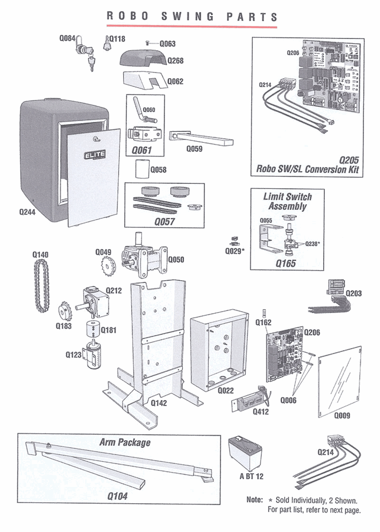 Elite Robo Swing R900 residential swing gate operator replacement parts breakdown diagram with Q numbers