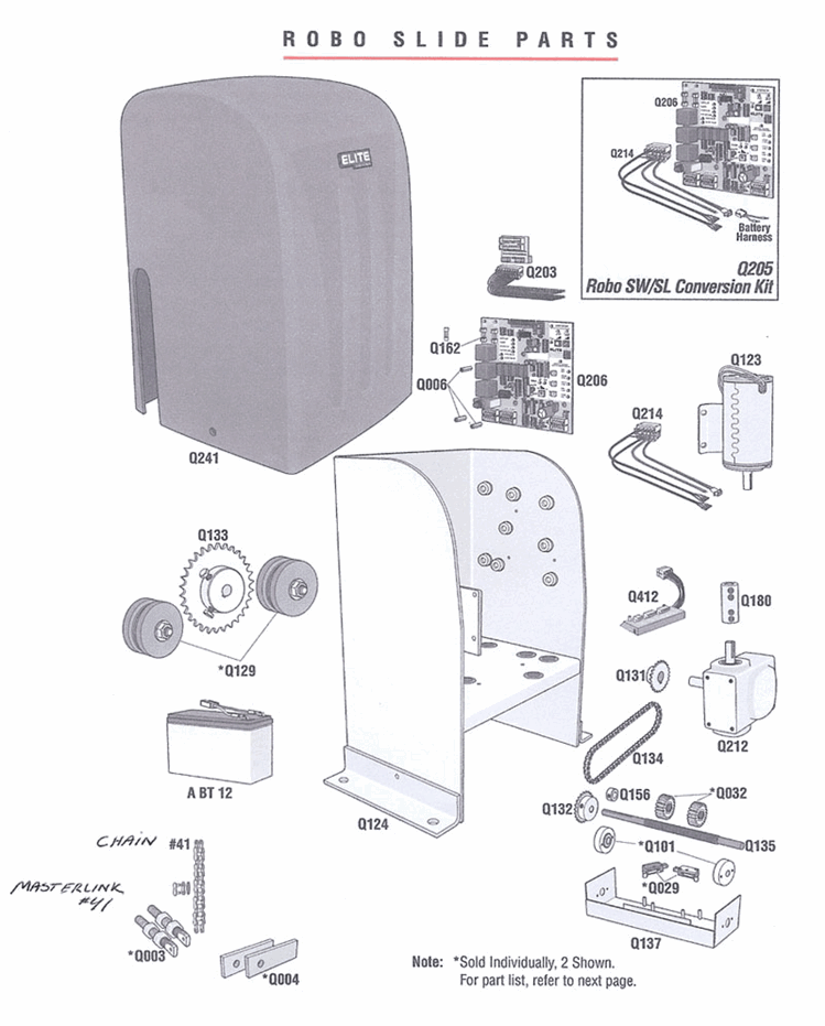Elite Robo Slide residential slide gate operator replacement parts breakdown diagram with Q numbers