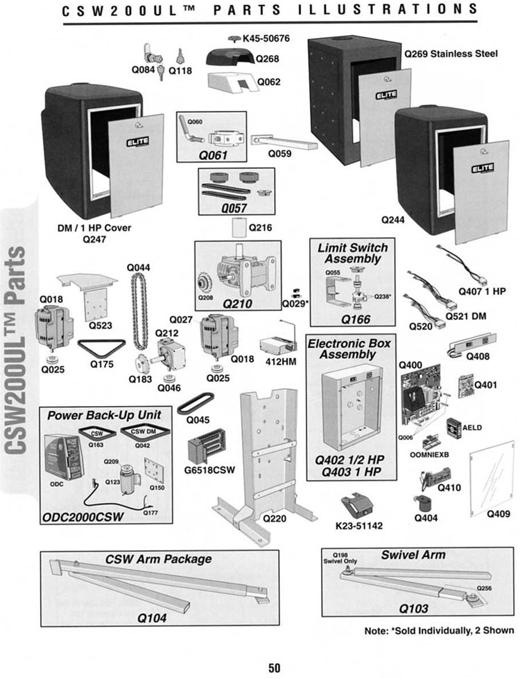 Elite CSW 200 swing gate operator replacement parts breakdown diagram with Q numbers