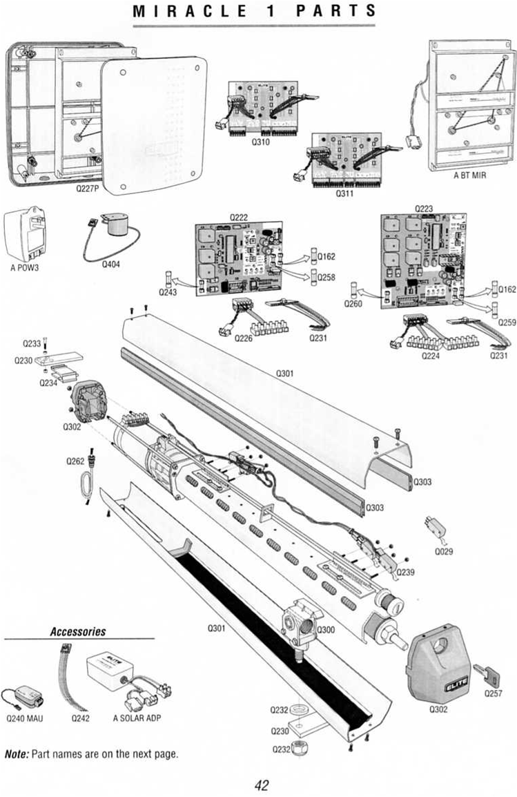 Elite Miracle One swing gate operator replacement parts breakdown diagram with Q numbers