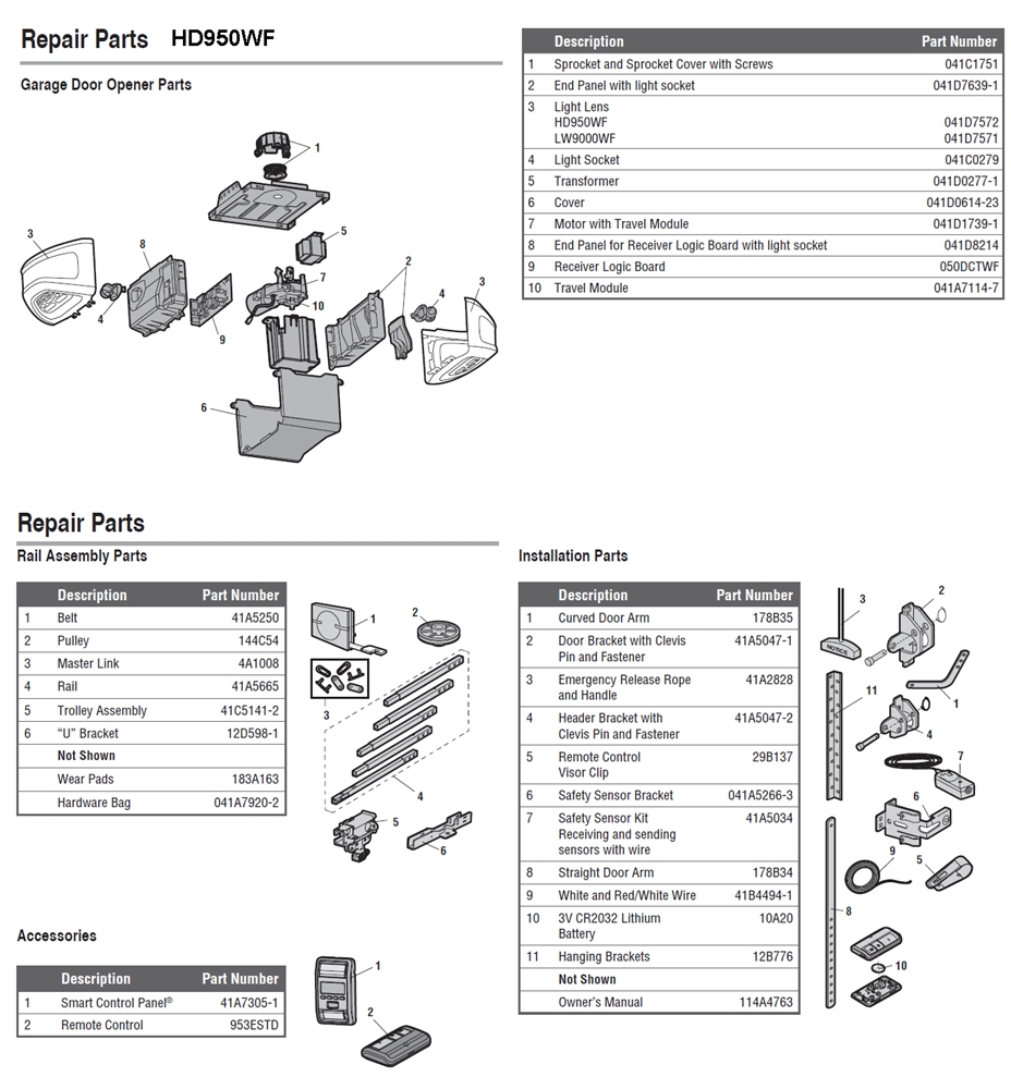 Chamberlain HD950WF Wi-Fi belt drive opener parts diagram