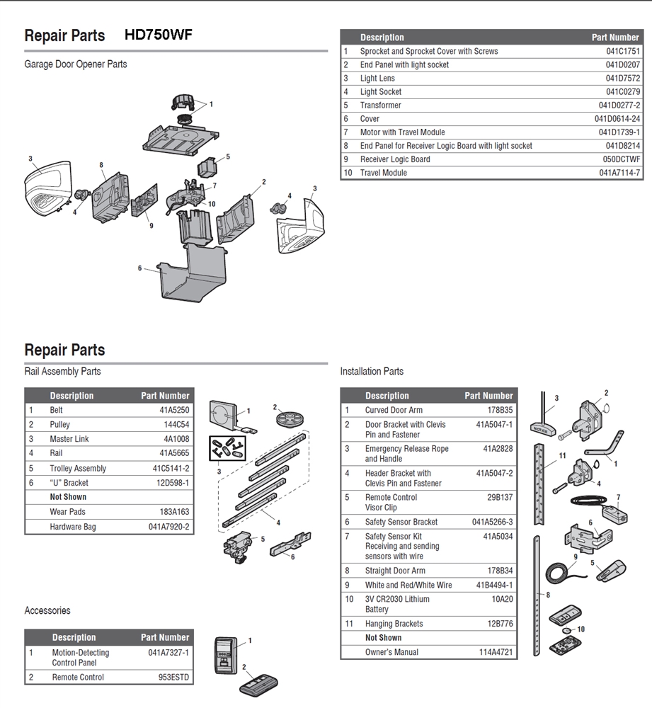 Chamberlain HD750WF Wi-Fi belt drive opener parts diagram