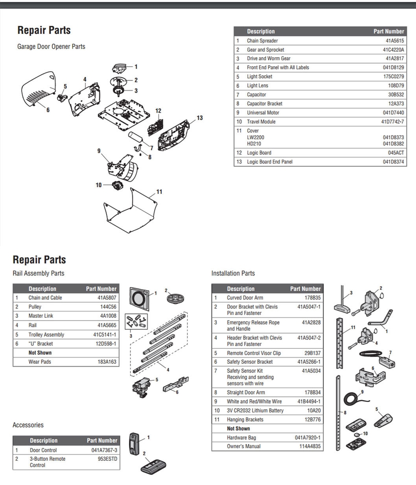Chamberlain LW2200 HD210 chain drive opener parts diagram
