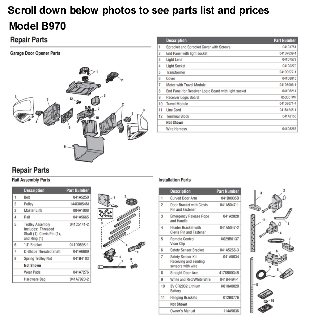 Chamberlain B970 belt drive opener parts diagram