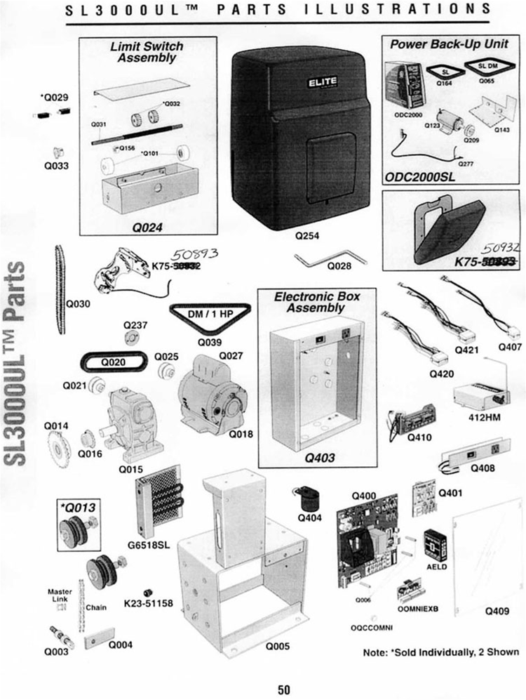 Elite SL 3000 slide gate operator replacement parts breakdown diagram with Q numbers