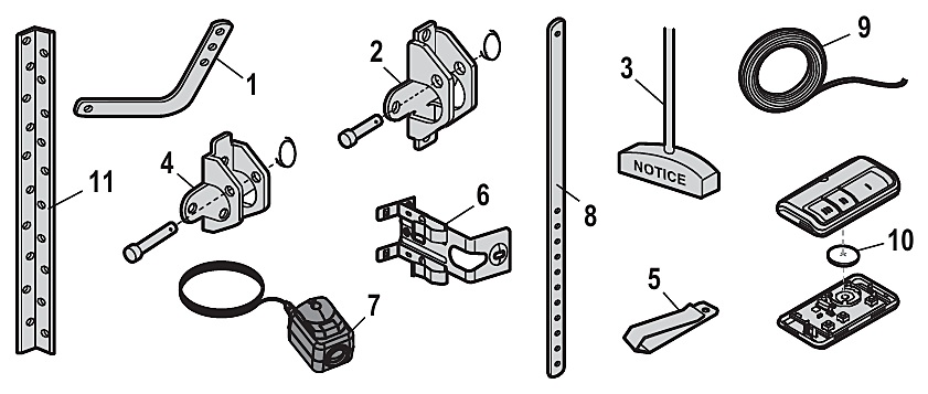 Chamberlain B2202 installation parts, door arms, brackets and safety sensors diagram