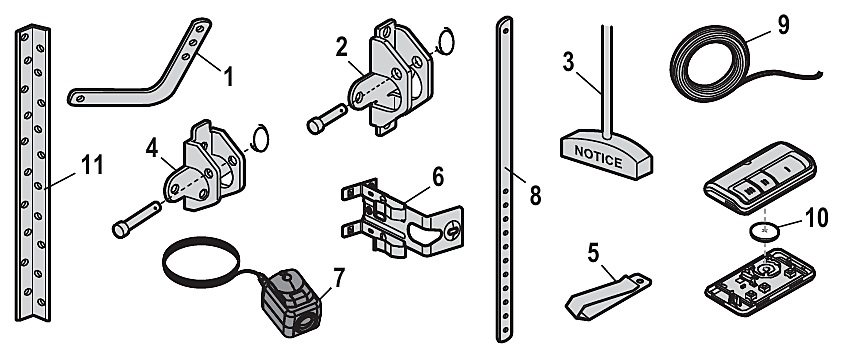 Chamberlain B2210T installation parts, door arms, brackets and safety sensors diagram