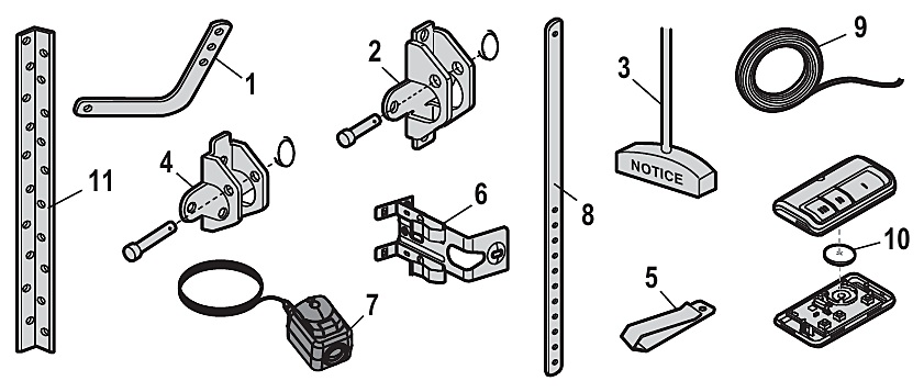 Chamberlain B2211T installation parts, door arms, brackets and safety sensors diagram