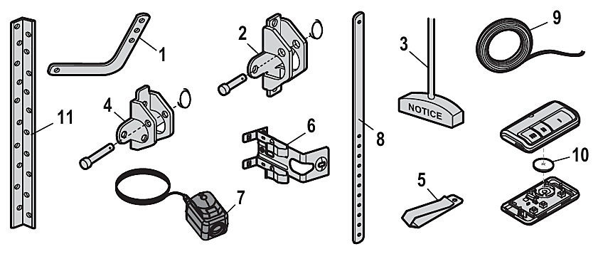 Chamberlain B2401 installation parts, door arms, brackets and safety sensors diagram