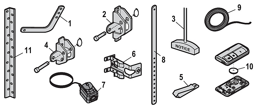 Chamberlain B353 installation parts, door arms, brackets and safety sensors diagram