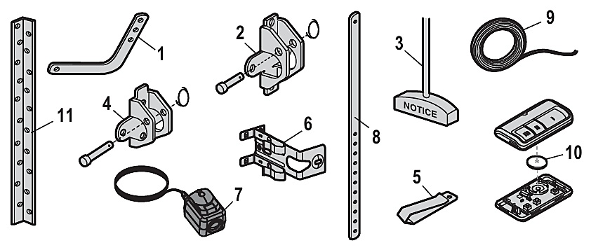 Chamberlain B4643T installation parts, door arms, brackets and safety sensors diagram