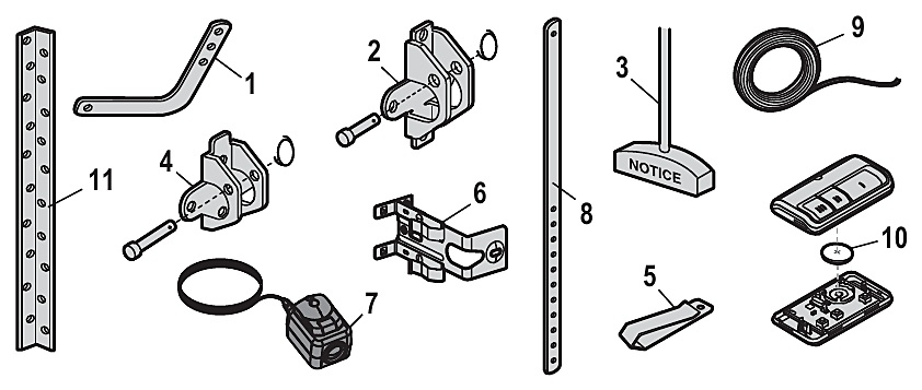 Chamberlain B4655T installation parts, door arms, brackets and safety sensors diagram