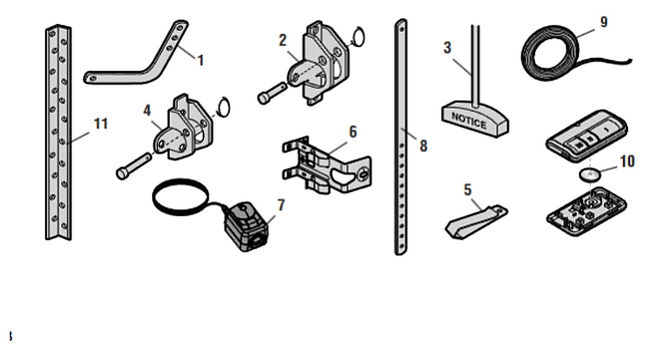 Chamberlain B4603T installation parts, door arms, brackets and safety sensors diagram