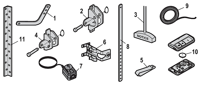 Chamberlain B6713T installation parts, door arms, brackets and safety sensors diagram