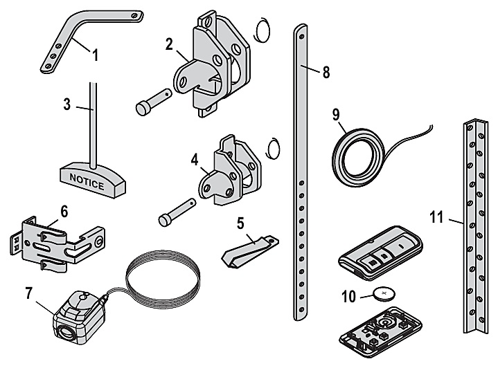 Chamberlain B6753T installation parts, door arms, brackets and safety sensors diagram