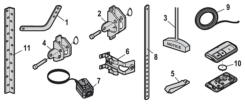 Chamberlain B6755T installation parts, door arms, brackets and safety sensors diagram