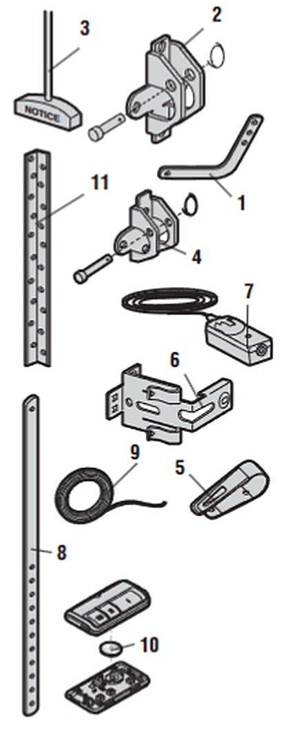 Chamberlain HD920EV installation parts, door arms, brackets and safety sensors diagram