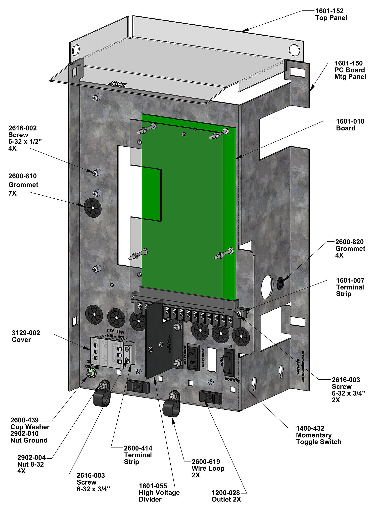 DoorKing 1601 barrier gate operator control board and electrical panel parts diagram &mdash; circuit board, terminal strips, grommets and switches