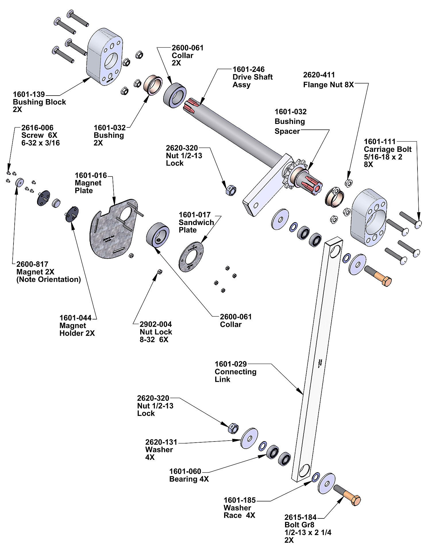 DoorKing 1601 barrier gate operator drive shaft and arm linkage parts diagram &mdash; bushing blocks, bearings, magnet plate and connecting link