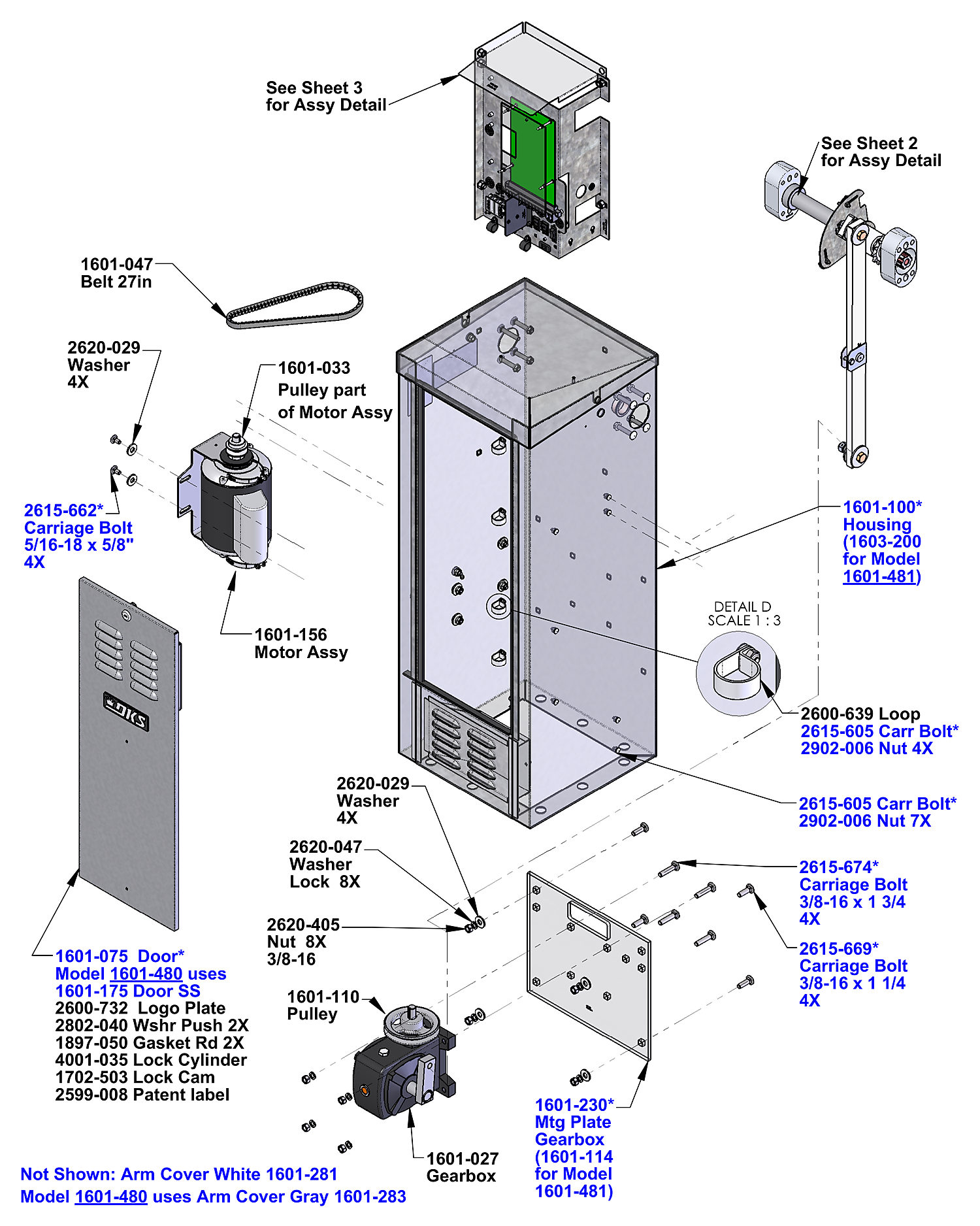 DoorKing 1601 barrier gate operator main assembly parts diagram &mdash; housing, motor, gearbox, belt and door