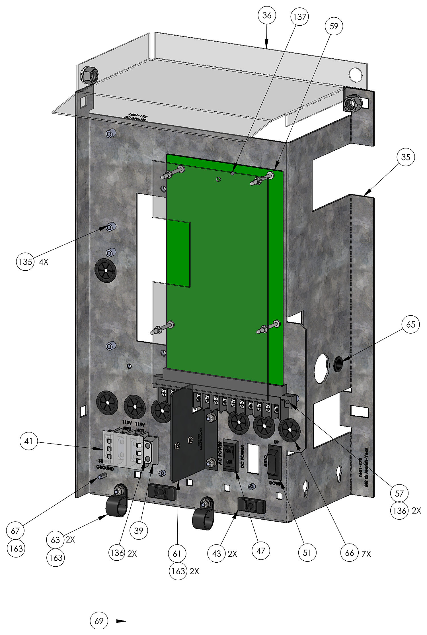 DoorKing 1602 control panel parts diagram - 1601-010 circuit board, rocker switches, terminal strip