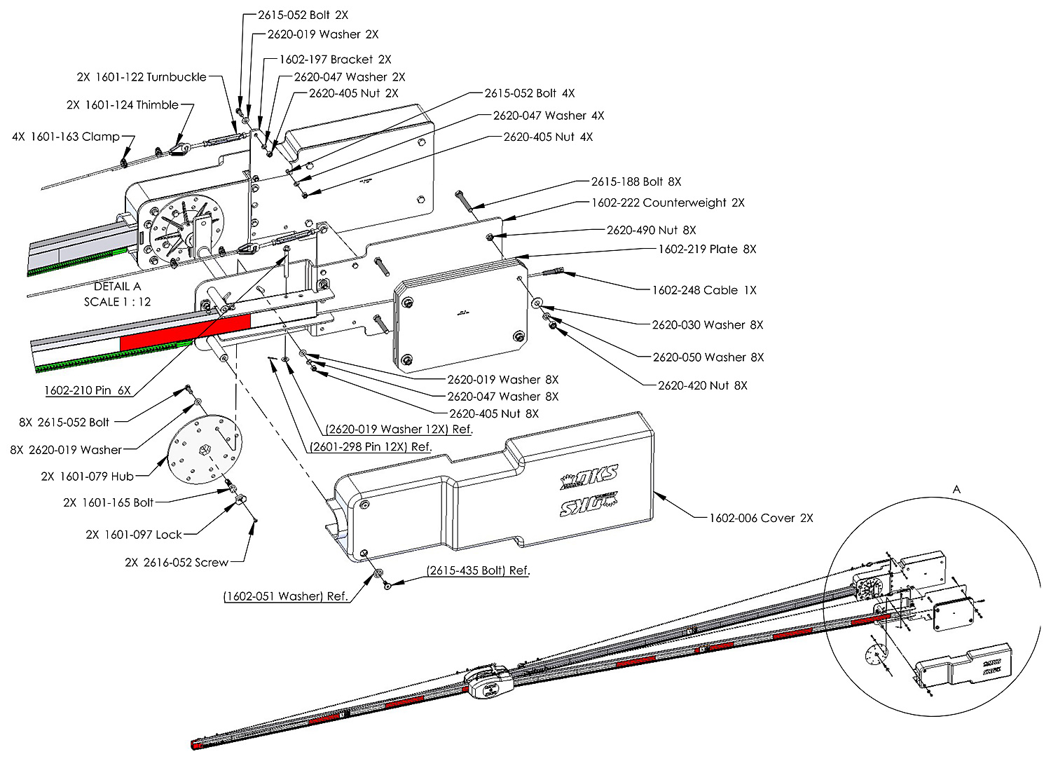 DoorKing 1602 LED edge wishbone arm counterweight end parts diagram