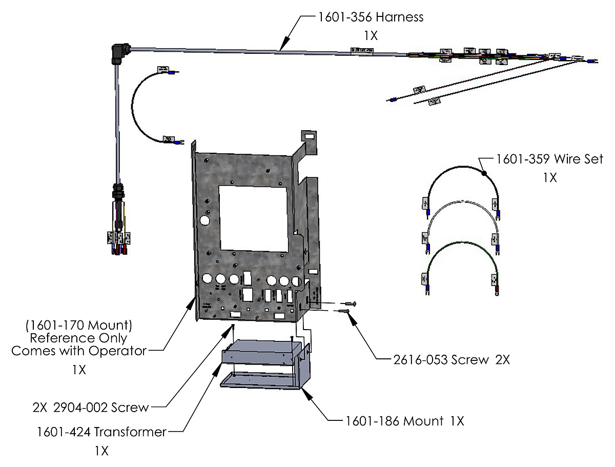 DoorKing 1602 LED edge arm transformer and wire harness parts diagram