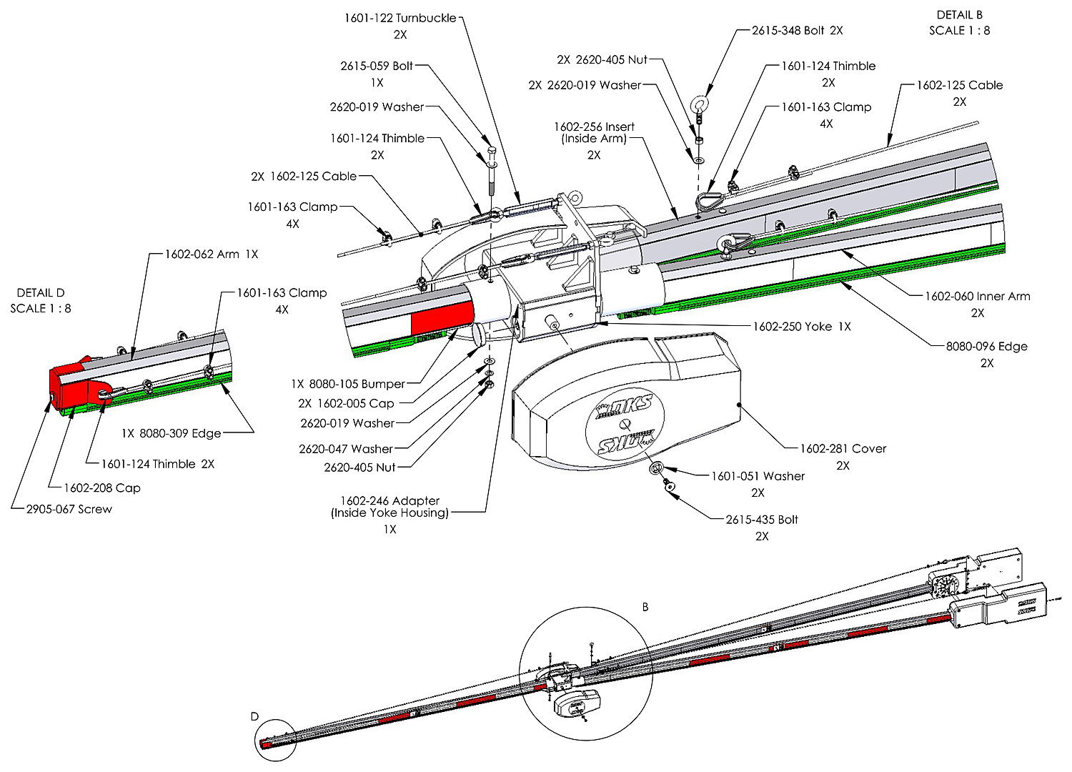 DoorKing 1602 LED edge wishbone arm sections and lighted reverse edge parts diagram