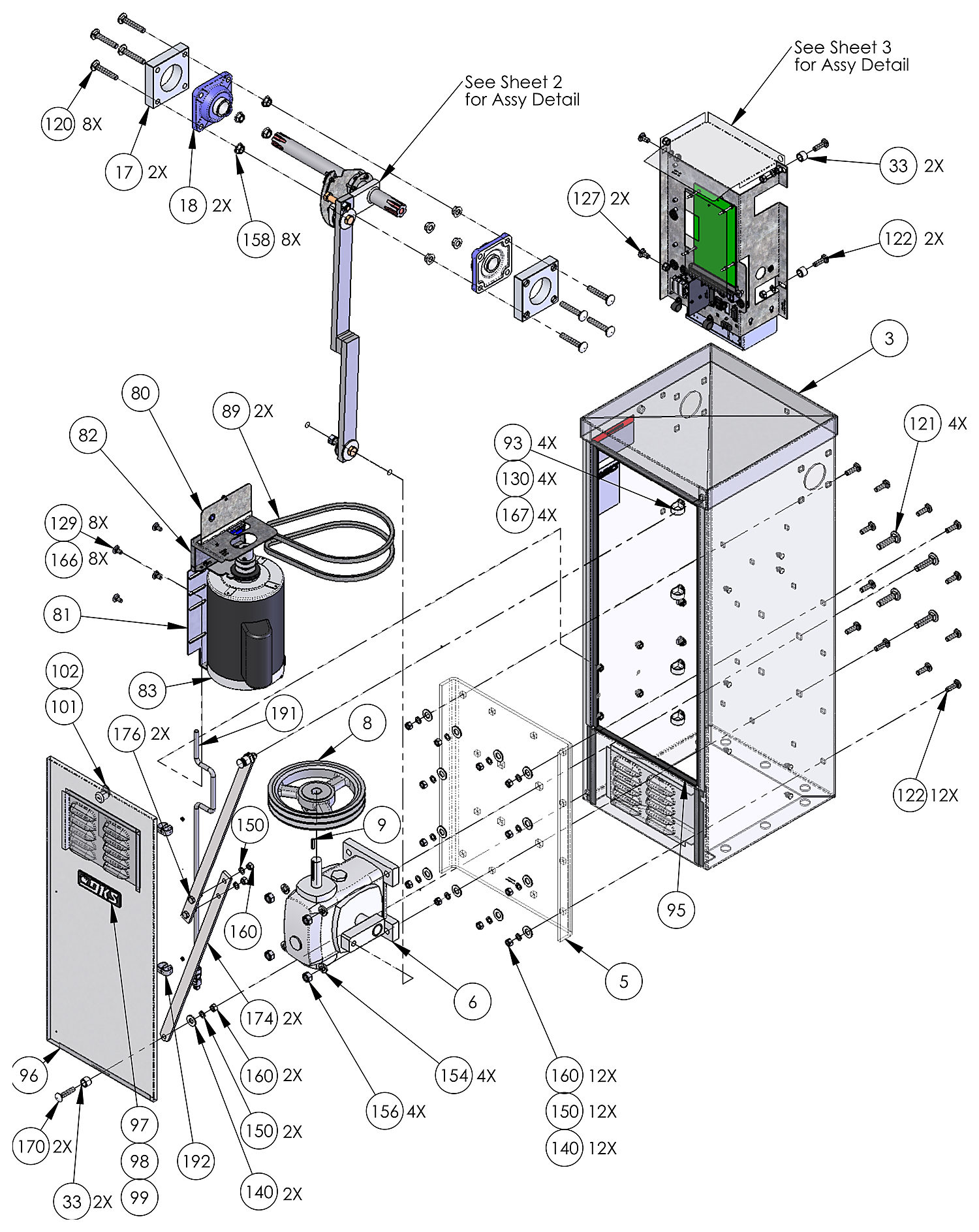 DoorKing 1602 barrier gate operator main assembly parts diagram - housing, motor, belts, gearbox and door
