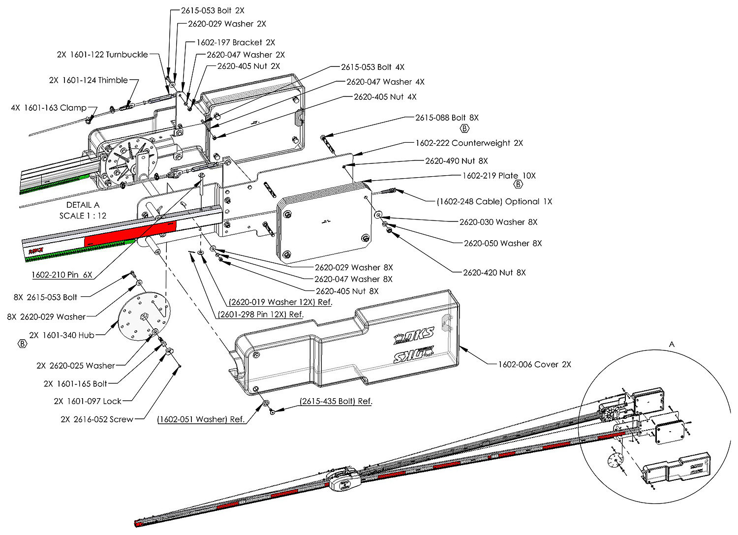 DoorKing 1602 octagonal wishbone arm counterweight end parts diagram