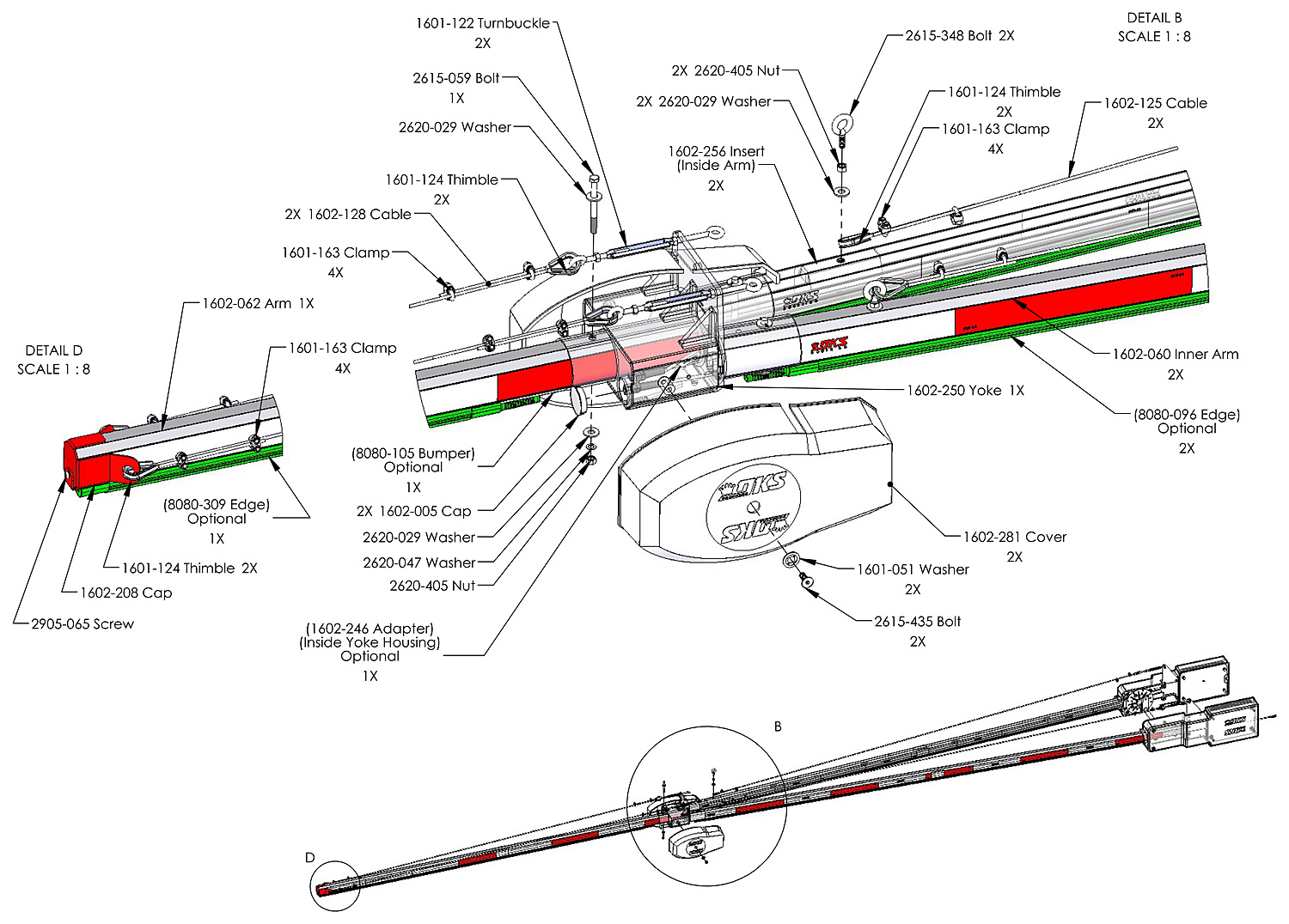 DoorKing 1602 octagonal wishbone arm sections, yoke and cables parts diagram