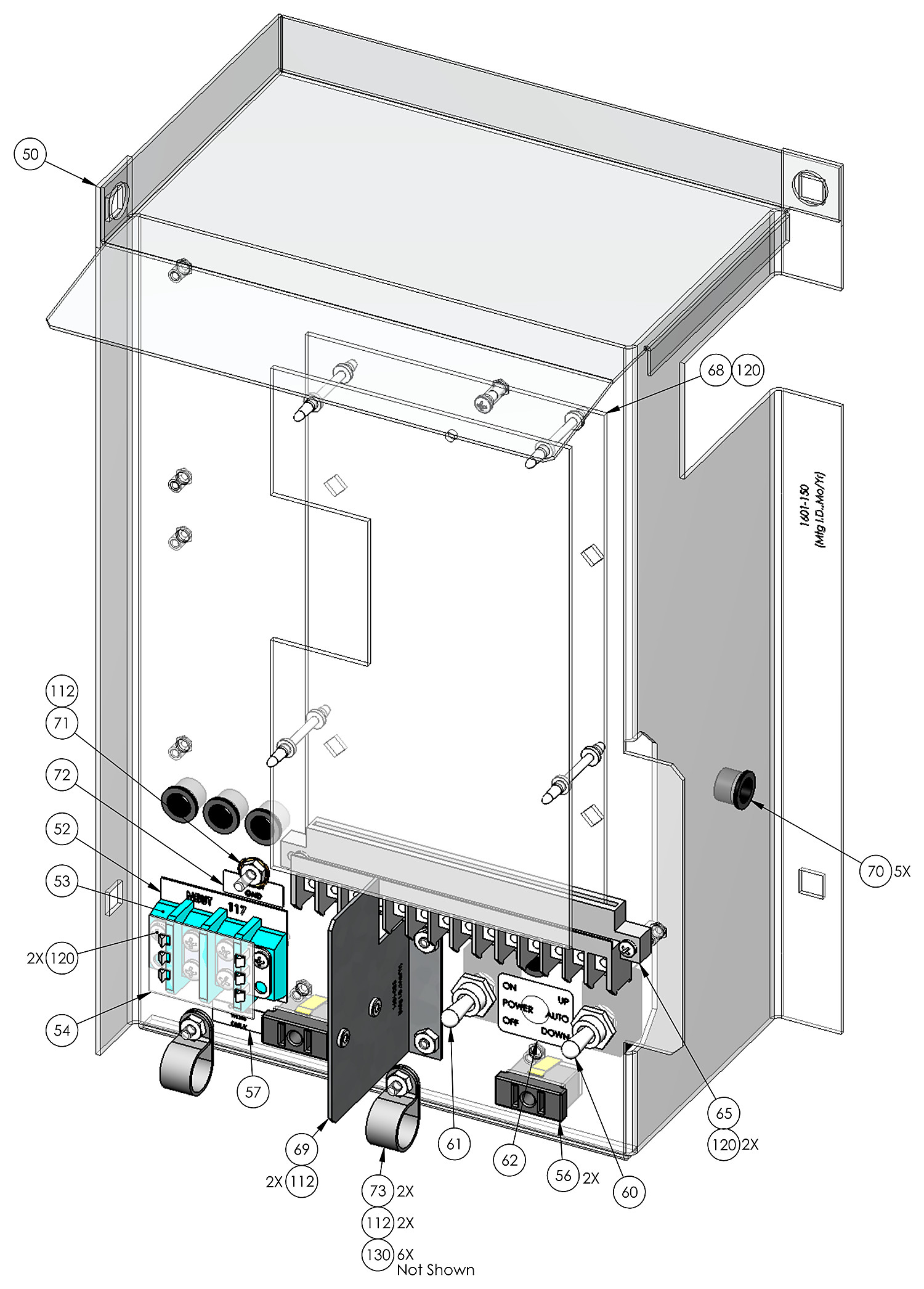 DoorKing 1603-080 control panel parts diagram with toggle switches