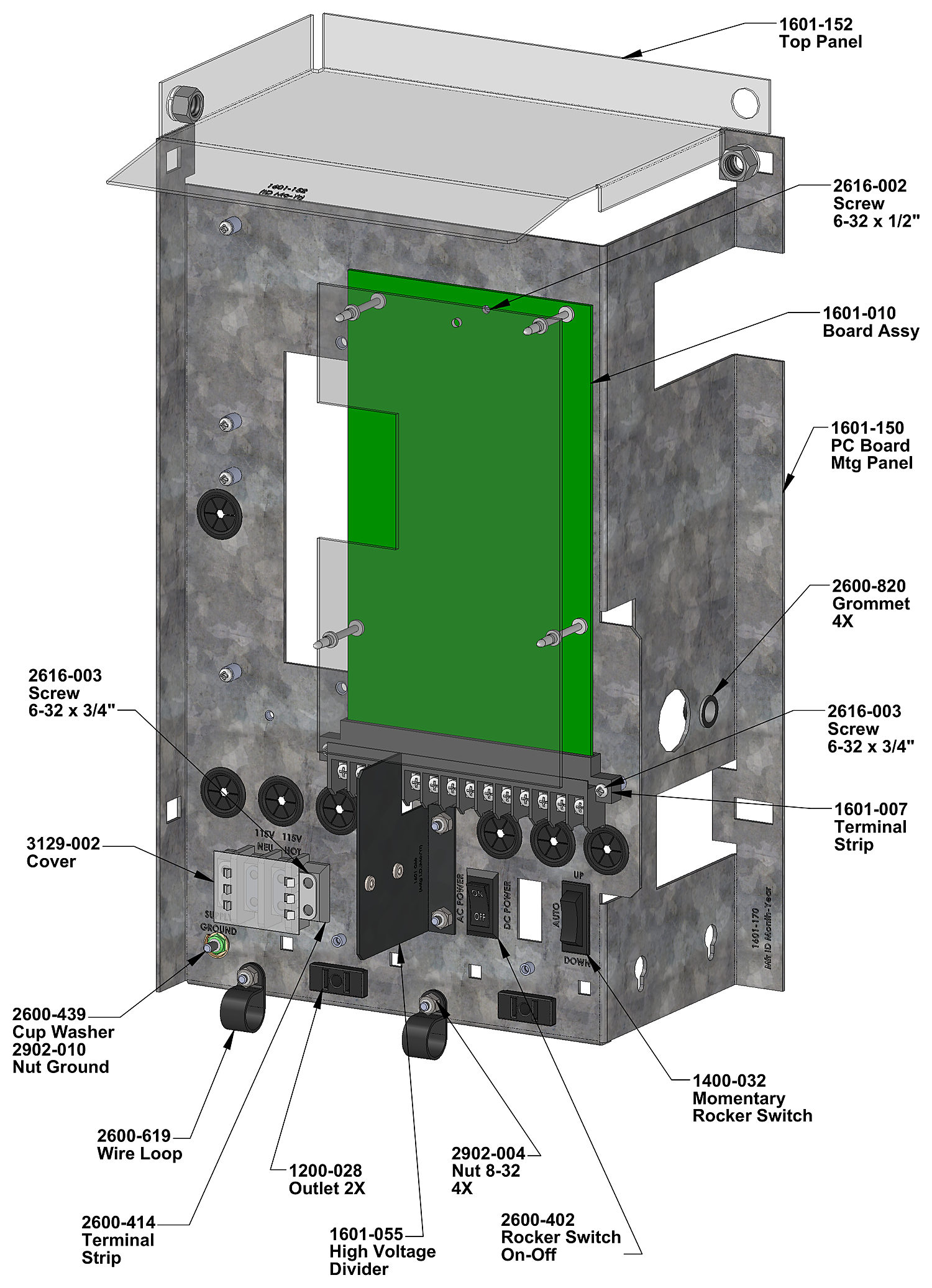 DoorKing 1603-380 control panel parts diagram - 1601-010 circuit board, rocker switches, terminal strip