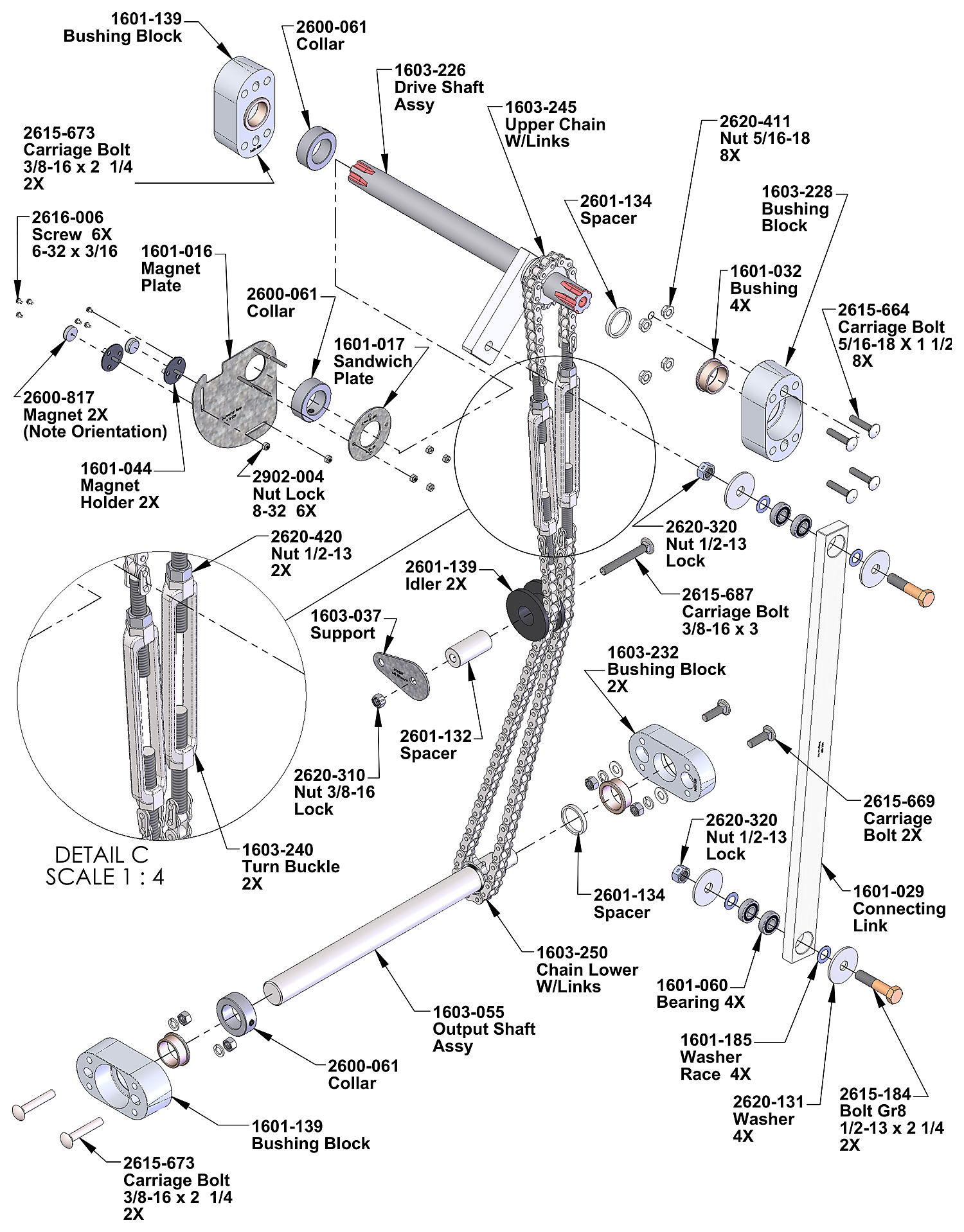 DoorKing 1603-380 drive shaft, output shaft, #50 chains and turnbuckles parts diagram