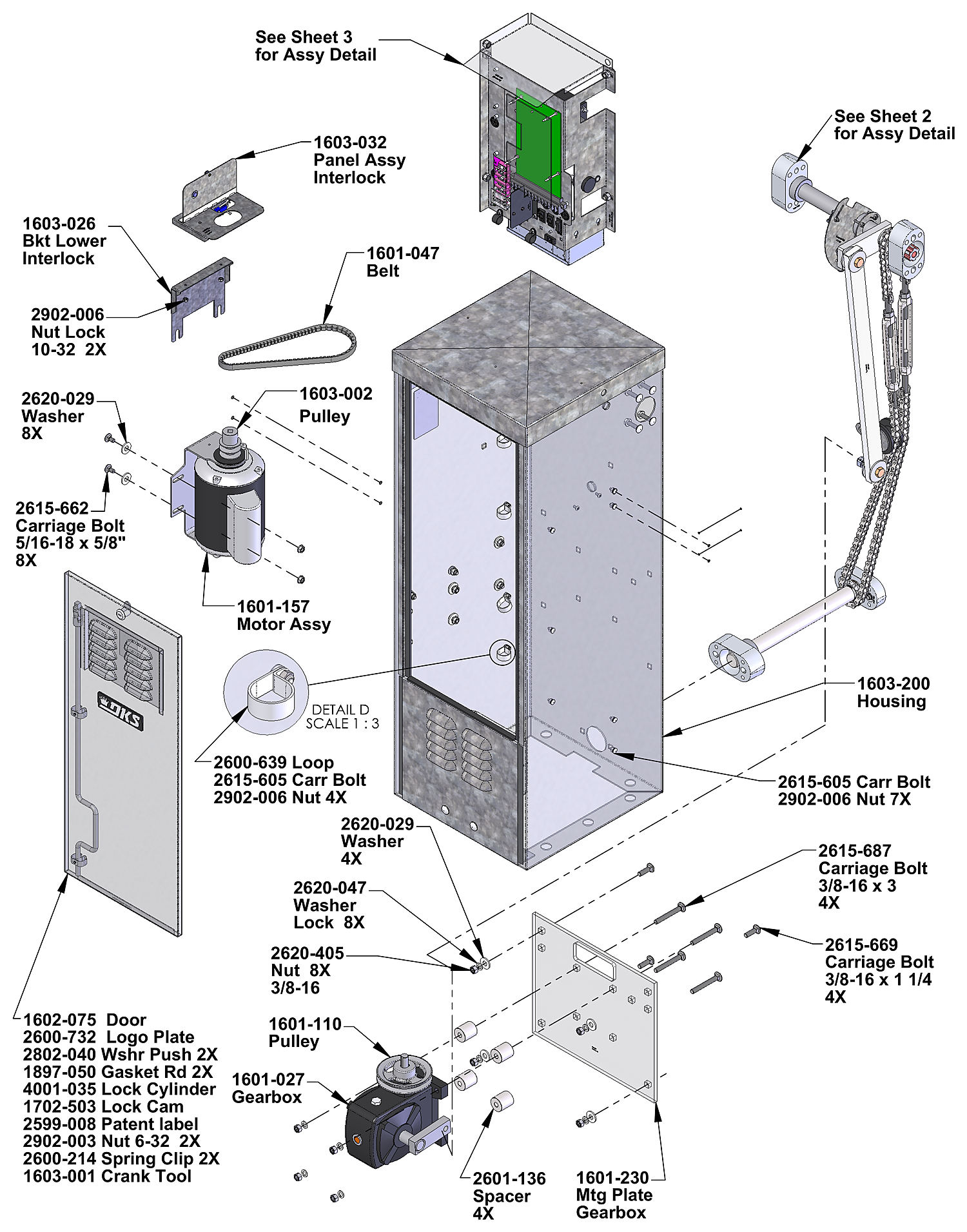DoorKing 1603-380 Auto-Spike barrier operator main assembly parts diagram - housing, motor, gearbox, belt and door